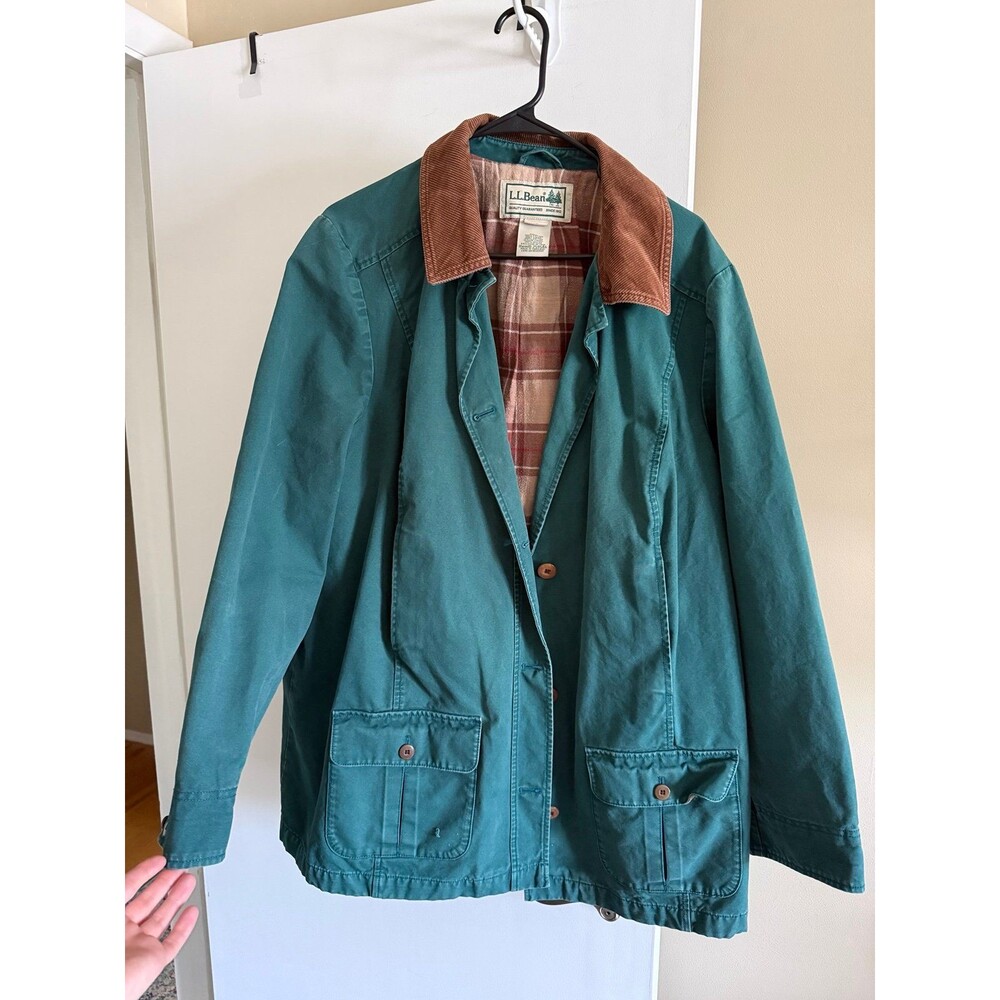 L.L.Bean Vintage Teal Field Jacket 2X Corduroy Collar Plaid Lined Cotton